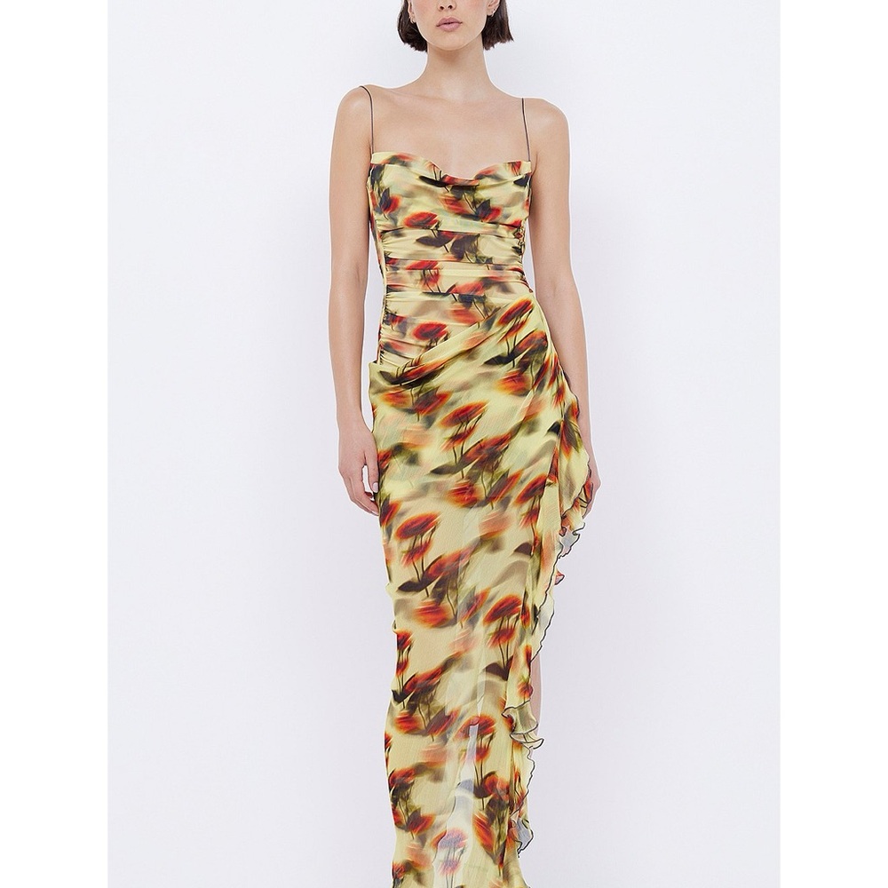 Bec + Bridge Yellow Ruched Maxi Dress Spaghetti Strap Wedding Guest